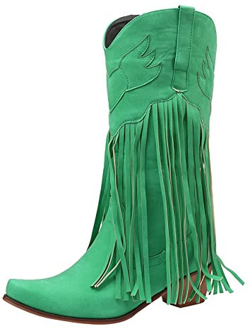 Bottines de cowboy pour femme avec frange en cuir pointu, style western, vintage, avec talon bloc, bottes d'équitation, bottines d'équitation, bottines à enfiler Taille 37-42, vert, 41