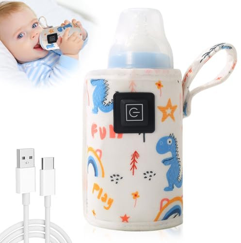Flaschenwärmer Baby USB Aufladung Babyflaschen Wärmer,Flaschenwärmer Unterwegs 3 Einstellbare Temperaturen Tragbarer Flaschenwärmer Baby für Alle Flaschen geeignet (Dinosaurier)