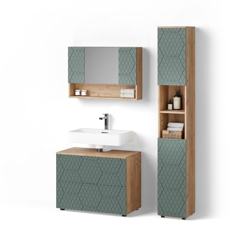 Livinity Set mobili bagno Ronco, Quercia verde/oro, 3 pezzi, con mobile a specchio 80 cm