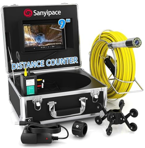 Telecamera Ispezioni Tubi 30M, Sanyipace DVR Telecamera Endoscopio Industriale con Contatore di Distanza,9 Schermo Professionale Telecamera per Fognature, IP68 Videocamera di Ispezione