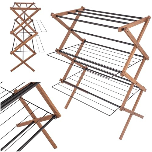 KADAX Vertikalt torkställ i trä, 70 x 96 cm, hopfällbar torktumlare, torktumlare i flera våningar för effektiv torkning av kläder och handdukar