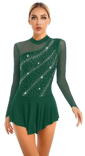 Lpdshaa Robe De Danse pour Dames Manches Longues Scintillante Strass Ballet Patinage Artistique Robe Maillot De Danse Vêtements De Lyrique Compétitions Costume De Vert S