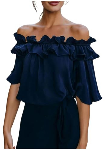 Générique Blouse Boho Manches Mi-Longues Col Carmen Volants Haut Chiffon Léger pour Été Sorties Vacances Plage Tendance Élégant Confortable Fluide Idéal Quotidien Soirées Estivales