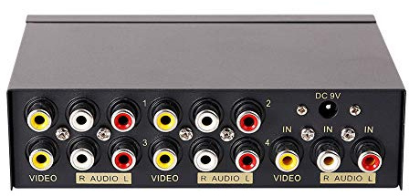 DTECH Powered 4 Way 3 RCA Splitter Box 1 in 4 Out Composite Video Audio Distribution Duplicator with Power Adapter Compatible with Gaming Console to TV Projector Video Capture Card
