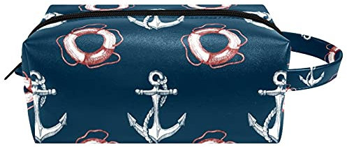 Hanging Cosmetic Bag, White Ship Anchor Lifebuoy Navy Blue Water-Resistant Toiletry Travel Bag for Women Mens Girls Kids, Portable Leather Makeup Small Pouch