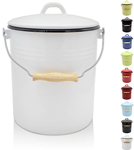 Krüger Rubbish Bin with Lid, Steel Waste Bin with Enamel Coating and Wooden Handle, Cut and Scratch Resistant Surface, Durable and Versatile (10 Litres, White)