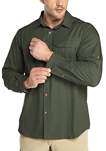 Outdoor Ventures Men's Long Sleeve Shirts UPF 50+ Button-Down Hiking Shirt | Quick Dry Outdoor Safari UV Shirts, Roll-Up Sleeve, Back Vents, Lightweight Breathable Shirt for Travel Walking Fishing
