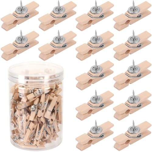 SANNIX 100Pcs Wooden Push Pin Clips with Thumb Tacks for Bulletin Board, Cork Board Decorations, School Office Crafts, Photo Calendar Crafts, Arts Projects, Photo Supplies