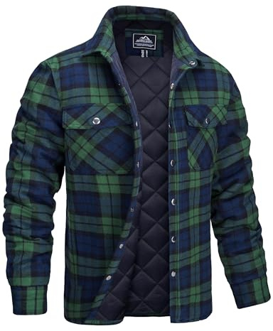 MAGCOMSEN Men's Padded Jackets Plaid Flannel Quilted Shirt Cotton Long Sleeve Lapel Thermal Work Casual Coat Green L