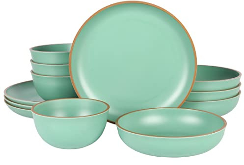 Gibson Home Rockabye 12 Piece Double Bowl Melamine Plastic Dinnerware Set - Matte Green