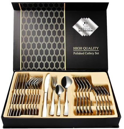 Juego de cubiertos Plata para 6 personas, 24 piezas, acero inoxidable, cuchillo, tenedor, cuchara con caja de regalo, cubiertos para la familia, fiestas, hoteles, restaurantes, pulidos y fáciles de