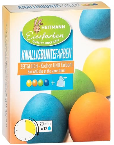Heitmann Eierfarben Knalligbunte Farben - 4 fl. Eierfarben (gelb, orange, grün, blau), 2 Farbverstärker, 4 Färbebeutel, 4 Clipse