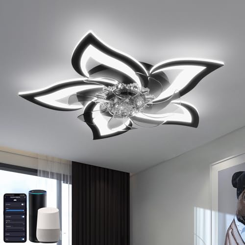 YUNLONG Smart Ceiling Fans with Lights Compatible with Alexa and Google Assistant, Ceiling Fans with Lamps and Remote, Reversible DC Motor, 6 Speed, Dimmable, Memory Function, for Bedroom, Black