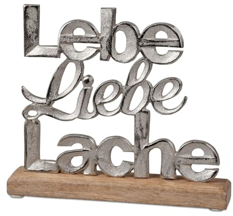 formano Schriftzug Lebe Liebe Lache Aluminium Mangoholz 24 cm Tischdeko Silber