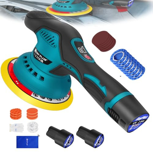 Lucidatrice a batteria con spugna per lucidatura da 150 mm, lucidatrice eccentrica con 8 velocità variabile, set di 22 lucidatrici per auto con 2 batterie da 2,0 Ah, lucidatrice per auto LCD