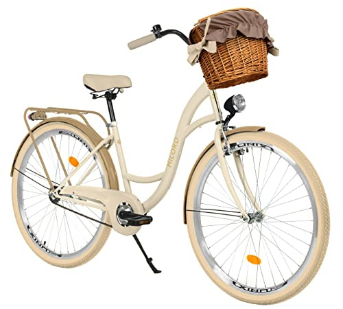 MILORD Bicicletta da donna Citybike confortevole con cestino in vimini, stile vintage, 26, 28 pollici, 1 cambio (Creme-Marrone, 26 pollici)