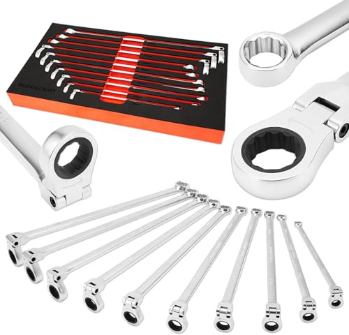 PRIDE&CRAFT 10-Piece Extra Long Ratcheting Wrench Set - Metric Flex Head Double Box End (8-19mm) 2X Longer Wrenches, Chrome Vanadium Steel with 90-Tooth Ratchet for Automotive Repair