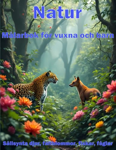 Natur. Sällsynta djur, fältblommor, fiskar, fåglar. Målarbok för vuxna och barn: Dhole, baltisk säl, okapi, ibizahund, domherrar, klockblommor, blåklint, smörblommor, klöver eller prästkragar