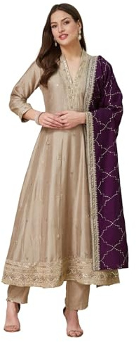 DREAMANGEL FASHION Womens Traditional Silk Floral Embroidered Anarkali Kurta Set with Pant and Dupatta (US, Alpha, X-Large, Regular, Regular, Grey)