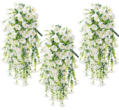 LIUYIDM 3 stycken konstgjorda hängväxter Morning Glory hängande växt konstgjorda blommor hängande hängande fällplantor, vattentät och solbeständig, för vardagsrum, balkong, trädgård (vit)