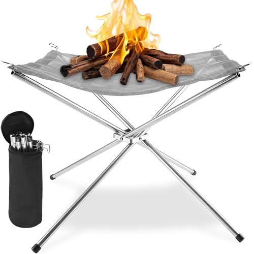 Bärbar eldstad för camping med bärväska, 42 cm utomhus fällbar eldstad, vikbar rostfritt stål nät BBQ eldskål, husbil tillbehör för picknick, brasa, uteplats, trädgård, trädgård