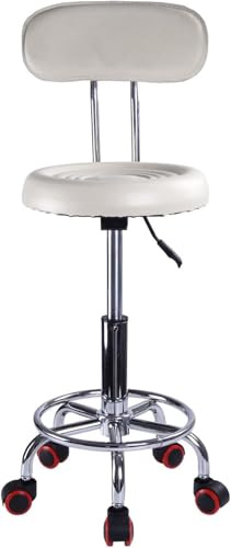 M.J COMFY-LIFE Round Rolling Stool,Adjustable Hydraulic Heavy Duty Drafting Chair Stool with Backrest, for Salon Office Therapist Beauty Spa Hairdressing Tattoo, 360-Degree Rolling Wheel (White)