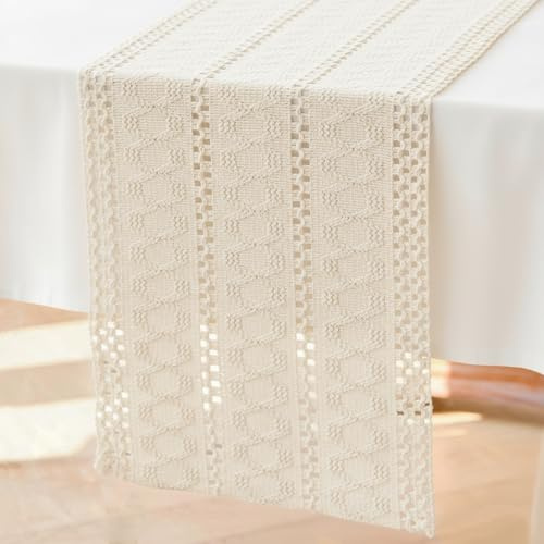 Brylleii Häkel Tischläufer Weiß Natur Beige Creme Boho Makramee Deko Tisch Läufer Modern 30 x 140 cm Baumwolle Leinen Landhausstil Tischdecke Schmal Abwaschbar Table Runner für Hochzeit Frühling