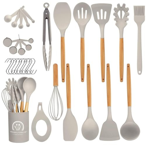Omtofo 33 Piezas Juego de Utensilios de Cocina de Silicona, Fabricado en Silicona y Mangos de Madera, Resistente al Calor Antiadherente, Utensilios Cocina Apto para Todas Las Ollas y Sartenes, Caqui