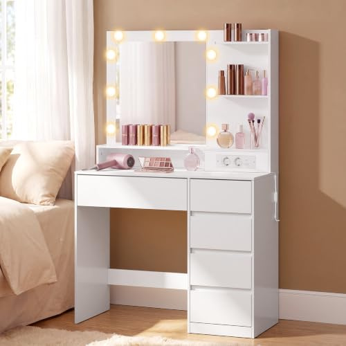 VASAGLE Sminkbord med Spegel och Belysning, 5 Lådor, 80 x 40 x 144,3 cm | Sminkbord, Eluttag och USB-portar, 3 Färglägen, för Sovrum, Moln Vit, KAILYN Kollektion RDT241WB01