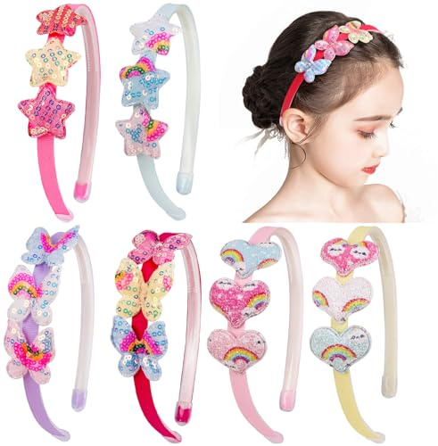 Fishdown Girls Headbands for Kids Glitter Toddler Girl Sequin Hairbands Glitter Heart Rainbow Butterfly Star Non-slip with Teeth (6 PCS)