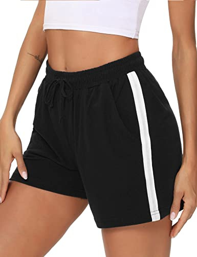 Litherday Shorts Damen Sportshorts Kurz Hosen Streifen Jogginghose Sommer Traininghose mit Taschen Elastischer Bund und Atmungsaktive Shorts zum Fitness, Running, Gym, Basketball, Schwarz, L