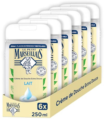 Le Petit Marseillais | Crème de Douche Extra Douce Lait (lot de 6 flacons de 250 ml) – Gel douche avec 92 % d'ingrédients d'origine naturelle – pH neutre pour la peau et sans colorant