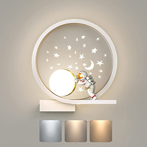 Aplique Pared LED Interior Regulable Lámparas de cabecera Moderna Redonda Lámpara de Pared Astronauta Creativo Luz de Pared para habitación de bebé Infantil Dormitorio Niños cabecera Salón, 12W (A)