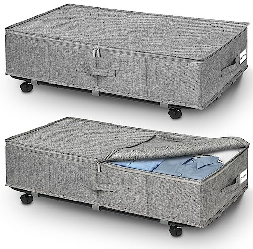 JUPELI Under Bed Storage on Wheels, Extra Large 50L Foldable Under Bed Storage Organiser, 2 Pack Underbed Storage on Wheels, Rolling Underbed Storage Boxes with Lids for Toy, Blanket, Clothes, Shoes