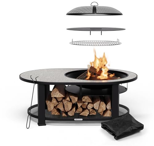 blumfeldt Merano Circolo L Brasero Exterieur - 3-en-1 Brasero, Barbecue & Table, Plateau Terrazzo, Cadre Acier Robuste, Pare-Étincelles, Grille & Tisonnier Inclus, Idéal Jardin & Terrasse
