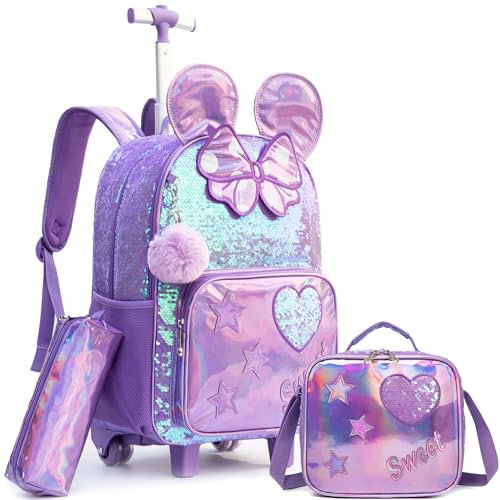 HTgroce Schulranzen Trolley Mädchen 7 Jahre Kinder Schulranzen Mit Rollen Kinderrucksack mit 2 Rollen Rucksack Schulrucksack Trolley Schultrolley Reisetasche mit Rollen