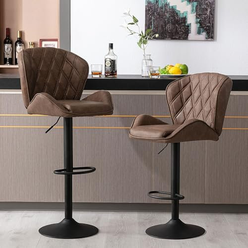 Fantasylab 2 Barhocker Tresenhocker, Gute gepolstert, Höhenverstellbar, Drehbar, Höhenverstellbar, 360° Drehbar,mit Rückenlehne und Fußstütze Belastbarkeit 120kg, 2 x Hocker in Dunkelbraun