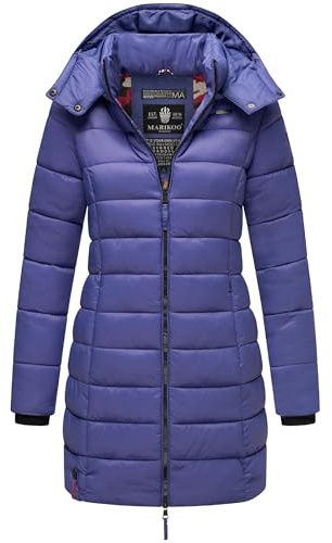 MARIKOO Damen langer Wintermantel warmer Steppmantel mit abnehmbarer Kapuze Abendsternchen Blue Violet Gr. XL