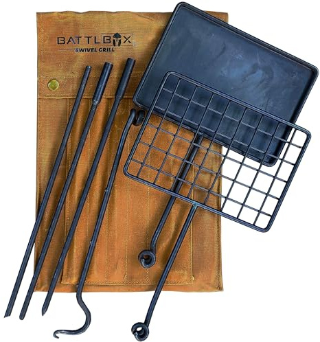 BATTLBOX Bushcraft Grill Set, Steel Campfire Cooking Grate Swivel Grill For Outdoor BBQ Open Fire, Packable Campfire Cook Set, Heavy Duty Open Fire Swivel Camping Cooktop, Canvas Bag