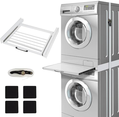 Universal Verbindungsrahmen Waschmaschine | mit Ausziehbarer Handtuchhalter | aus Stahl | 61x55cm | Max.100kg | Zwischenbaurahmen für Trockner, Waschmaschinenzubehör Trocknerzubehör, Weiß