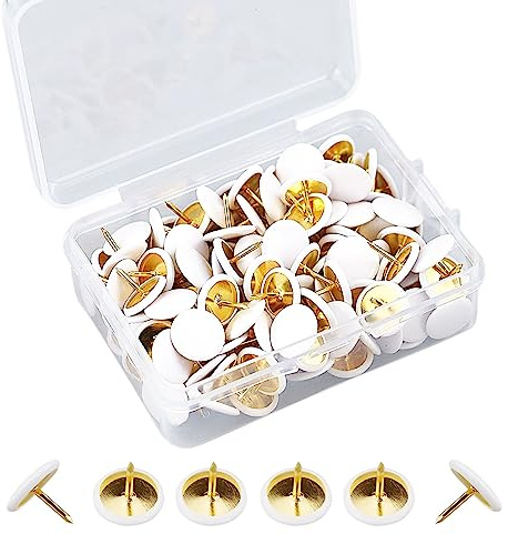 150 chinchetas blancas – Agujas planas blancas – Agujas redondas con punta de acero dorado – 10 x 10 mm chinchetas de metal recubierto de plástico para tableros de corcho, paredes de fotos y tarjetas