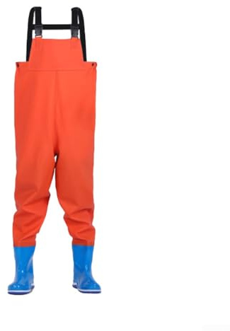 FACULX Kids Youth Fishing Waders With Boots Integrated Rain Trousers Hunting Wading Shoes For Outdoor Water Activities Pond Exploring(32/33 orange)