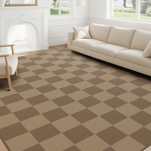 SOANNY Teppich Wohnzimmer Kurzflor, super weich, modernem Karomuster, waschbar & rutschfest, für Wohnzimmer, Schlafzimmer, Kinderzimmer, Esszimmer, Büro, Braun-Kamel, 200x300 cm