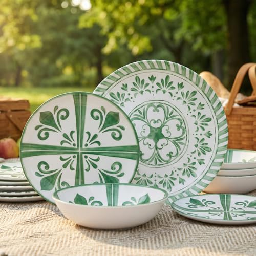 Yinshine Melamine Dinnerware Sets, Dinnerware Sets for 4, Green Floral