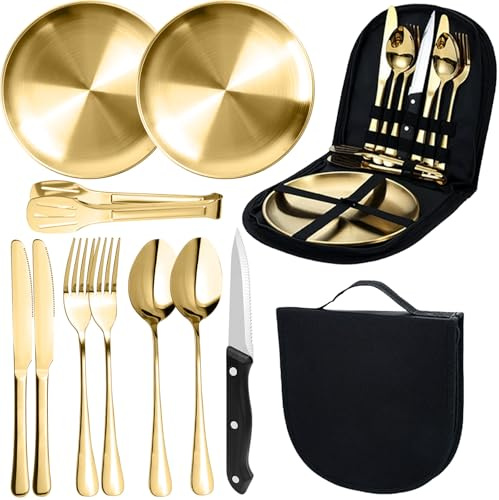 MOMAHUA 10 Piezas Set de Vajilla de Camping 2 Personas Oro,Juego de Cubiertos de Acero Inoxidable con Platos,Cuchillos,Tenedores,Cucharas y Pinza,Incluye Estuche de Transporte