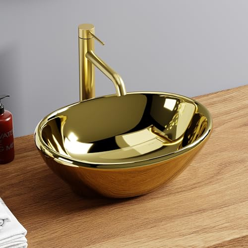 DILECI – Vasque Ovale Finition Or Brillant 41,5x33,5x14,5 cm – Lavabo à Poser Glamour et Élégant – Effet Miroir Saisissant – Idéal Salle de Bain Contemporaine ou Minimaliste – Installation Facile