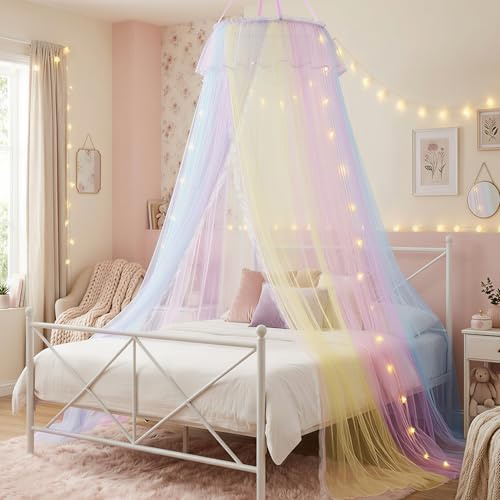 Bed Canopy with Lights for Girls – Double Layer Mesh Netting Princess Canopy, Starry Lights, Ruffle Lace Decor, Mosquito Net for Twin/Full/Queen/King Bed, Pastel Room Decor, Birthday Gift