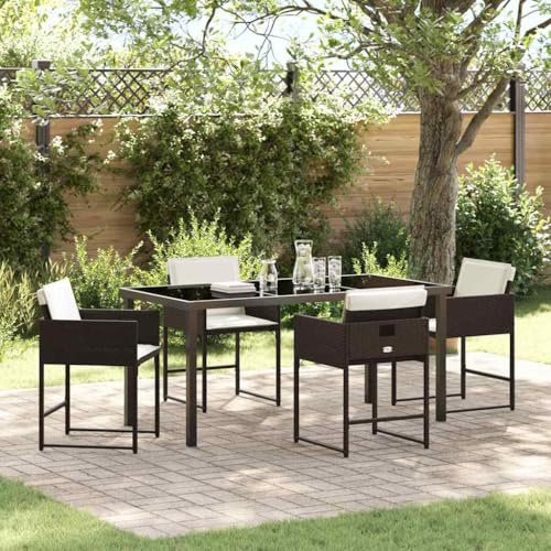 QJBSAVVA Set di mobili da giardino da 5 pezzi, gruppo Dining, marrone, in rattan sintetico, con elegante piano in vetro, portata 192 kg, design moderno e durevole, per balcone, terrazza, giardino