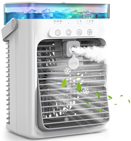 Condizionatore Portatile Senza Tubo 4 in 1, Mini Condizionatore Portatile, Climatizzatore Portatilere USB, 3 Velocità, 2 Modalità Spray, Serbatoio 1000ML, Timer 2/4/8H, Silenzioso per Casa e Campeggio