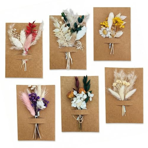 GWEOR Lot de 6 Cartes de Vœux avec Fleurs Séchées - Format 10x14.7 cm - Cartes de Remerciement Vierges en Papier Kraft Rétro avec Enveloppes - Idée Cadeau Fait Main pour Noël, Anniversaire, Mariage